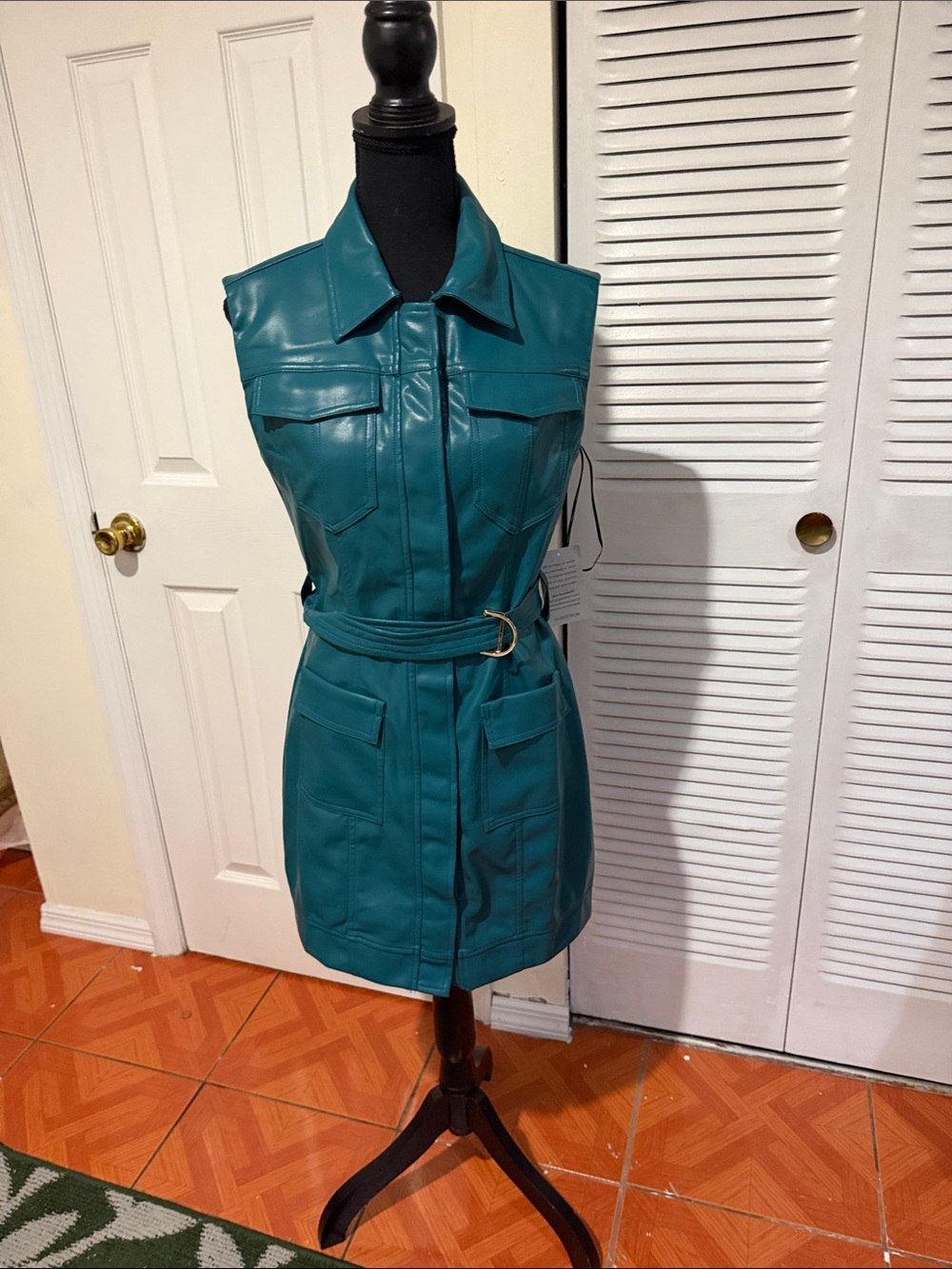 Sleeveless Teal Faux-Leather Mini Dress with Belt